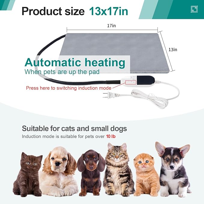 Smart Cat Heating Pad with Pressure Activated – Temperature Adjustable Heated Dog Bed with Timer - 13x17 inches - 30W - Pressure Activated Work for Pets Over 10 lbs (Small) (Small 17x13)