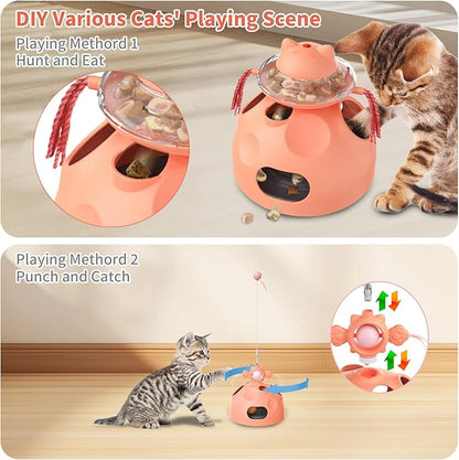 Interactive Cat Toy for Indoor Cats, 4-in-1 Modular Design with Cat Treats Puzzle Slow Feeder, Teaser Wand, Ball Maze & Spinning Ball | Kitten Enrichment Toys for Indoor