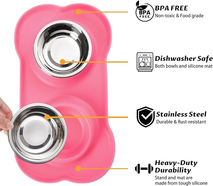 Hubulk Pet Dog Bowls 2 Stainless Steel Dog Bowl with No Spill Non-Skid Silicone Mat + Pet Food Scoop Water and Food Feeder Bowls for Feeding Small Medium Large Dogs Cats Puppies (Large, Pink)
