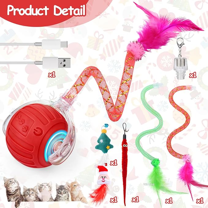 Interactive Cat Toy Ball - Christmas Cat Toys for Indoor Cats with Feather Tails for Chasing, Moving Stimulation Smart Cat Toy for Enrichment, Motion Activated Automatic Rolling Toys to Keep Them Busy