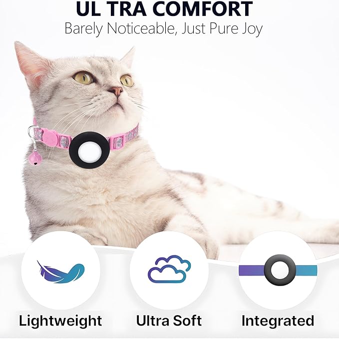 GPS Tracker for Cats, Mini GPS Pet Tracker with Collar, IPX8 Waterproof Cat Trackers Collar,No Monthly Fee,Work with Apple Find My(iOS Only),Smart Trackers for Pets(Pink)