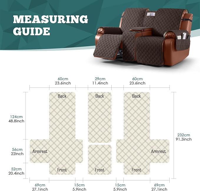 Ruaozz Waterproof Loveseat Recliner Cover with Console Non-Slip Reclining Couch Covers Split Sofa Slipcovers with Elastic Straps for Kids, Dogs, Pets (Chocolate, 2 Seater)