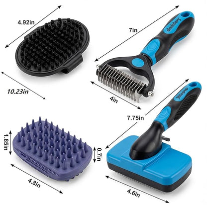PETIMP STORE 4PCS Self Cleaning Slicker Brush, Pet Grooming Rake, Bath Brush & Massage Brush for Short/Long Haired Dogs, Cats & Horses, Pet Grooming Deshedding Tools - Pet Supplies (Blue Black)