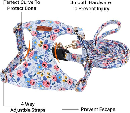 CHEDE No Pull Floral Pattern Dog Harness- Lightweight and Soft Harness, Adjustable Small Dog Harness and Leash Set, with Dog Leash, Suitable for Puppy Small and Medium-Sized Dog (S, Blue Rose)