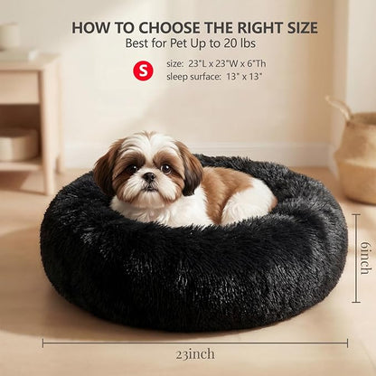 Calming Donut Dogs Beds for Small Dogs Washable,23inch Plush Round Pet Bed for Cozy Sleep,Fluffy Faux Fur Large Cat Bed,Fits up to 25 lbs Pets,Black