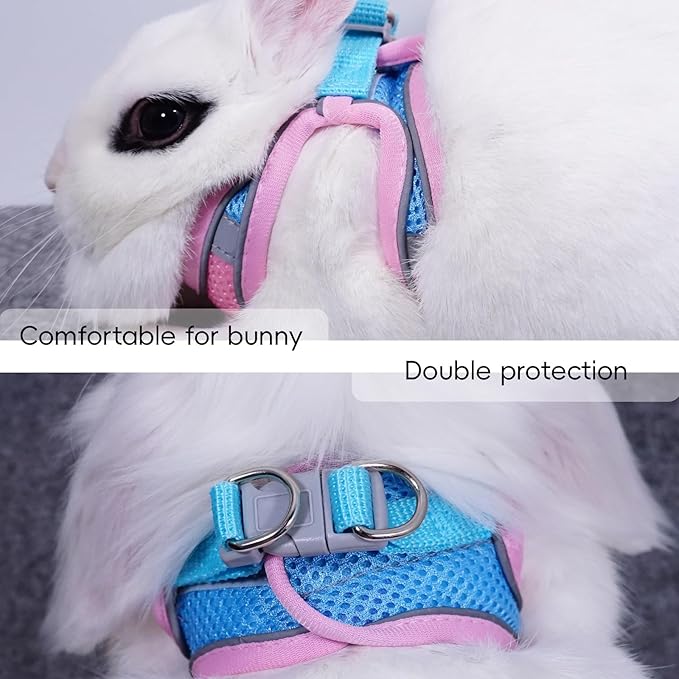 Rabbit Harness and Leash Set Escape Proof, Adjustable Soft Padded Vest, Breathable Mesh Bunny Harness with Reflective Strap, Safe for Small Animals(Blue,M)
