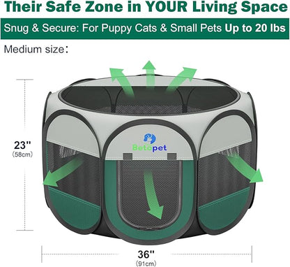Playpen for Small Dogs Cats Crate: Puppy Play Pen Indoor Outdoor Foldable Potable Exercise Cage Pop up Kennel for Guinea Pig Rabbits Hamster Travel with Carrying Case & Food Bowl (Green, M, 1)