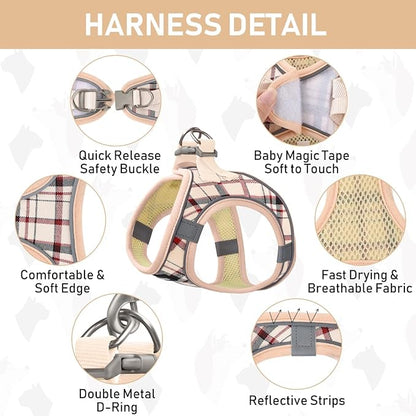 GAMUDA Small Dog Harness Collar and Leash Set, Step in No Chock No Pull Soft Mesh Adjustable Dog Vest Harnesses Plaid Reflective for Dogs Puppy Cats Kitten Rabbit (Beige, XS)