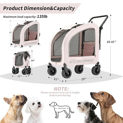 EchoSmile 4 Wheels Pet Stroller, Dog & Cat Stroller for All-Season, Lightweight Carrier with Storage Basket, Adjustable Handle, Removable Pad, Breathable Mesh, Up to 135 lbs, Pink