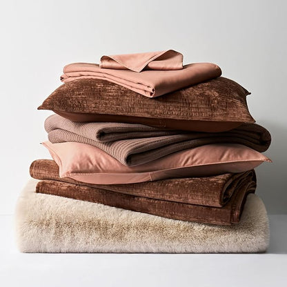 EVERGRACE Velvet Quilt Set Queen Size, Luxurious Soft Quilted Bedding Sets, Lightweight Velvet Comforter for All Season, Striped Channel Bedspread Coverlet with 2 Shams, Rust Brown