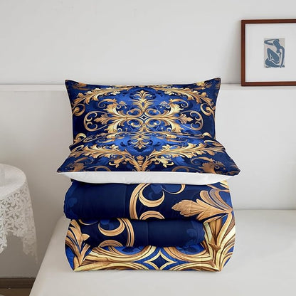 Erosebridal Paisley Comforter Set Queen Flower Bedding Set, Navy Blue Gold Bedding Comforter Sets Golden Floral Duvet, Bohemian Hippie Quilted Comforter Teen Adults Bedroom Décor, Lightweight 3pcs