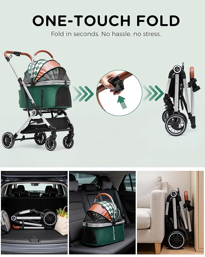 GTPLAYER 3 in 1 Pet Stroller with Removable Carrier, Foldable Stroller for Small/Medium Dogs and Cats, All-Terrain, with Sun Shades, Car Seat, Up to 45 lbs, Green