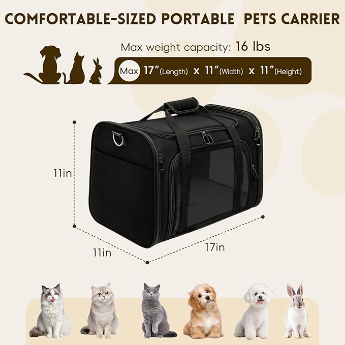 Cat Carrier Soft, Dog Carriers for Small Dogs/Large Cats (Up to 16lbs), with High Breathability, Shoulder Strap, Removable Pad, Pet Carrier Airline Approved, for Home Outdoor Travel (Black)
