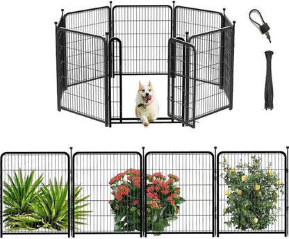 Getlay Tall Garden Fence, 32 in(H) 8 Panels Dog Fence Outdoor for Yard. Wide Door Low Threshold Total 17.7 Ft(L), Metal Dog Pen Heavy Duty Pet Puppy Exercise Pen for Rv Camping Garden Yard