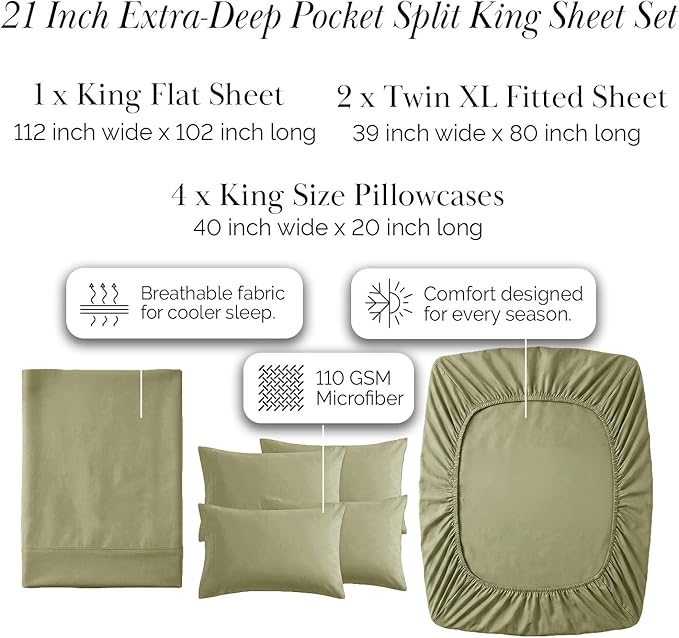 Southshore Fine Living, Inc. 7-Piece Split King Sheet Set, 21-Inch Split King Size Sheets Deep Pocket Set, Fitted and Flat Sheet, Microfiber Bedding, Sage Green Pillow Cases, Sage Green Sheets