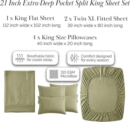 Southshore Fine Living, Inc. 7-Piece Split King Sheet Set, 21-Inch Split King Size Sheets Deep Pocket Set, Fitted and Flat Sheet, Microfiber Bedding, Sage Green Pillow Cases, Sage Green Sheets