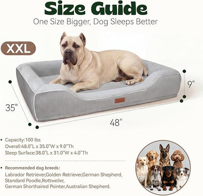 Extra Large Orthopedic Dog Bed with Cooling Gel Memory Foam,Waterproof XXL Dog Couch Bed with Removable Washable Cover,48inch Pet Sofa with High Resilience Foam Sides for Old Pets,Grey,48.0"X35.0"
