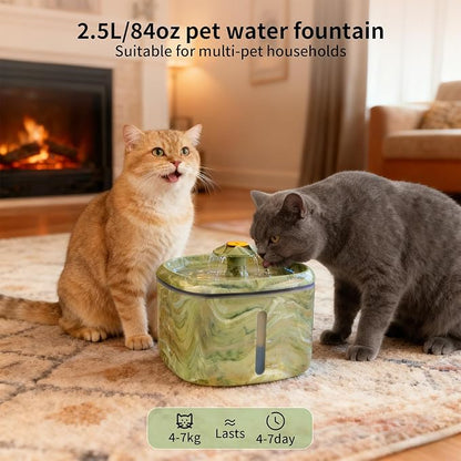 Cat Water Fountain,2.5L/84oz Cat Fountain for Drinking with Rotating Attractor & Camouflage Green Design –Automatic Pet Water Dispenser Bowl (Green+2Filters)