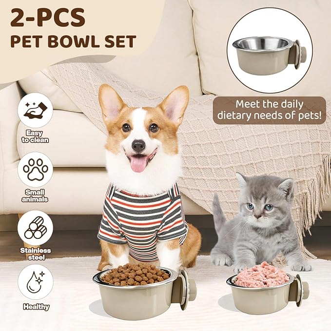 2Pcs Pets Lightweight Stainless Steel Bowl,Removable Stainless Steel Pet Hanging Food Water Feeder Bowl for Puppy Dog Cat Rabbit Ferret Bird Gunea Pigs (Small)