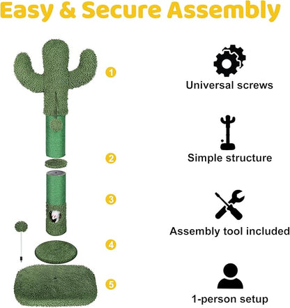 Tall Cat Scratching Post for Indoor Cats Adults, Cat Scratch Post with Sisal Rope Claw Scratcher, Solid Wood Cat Tower with Scratching Post and Cat Toys Mouse Hole,Cactus Small Cat Tree(Green Cactus)