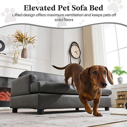 Luxury Dog Sofa Bed Elevated Pet Couch with Durable Waterproof Leather & Orthopedic Sponge - Modern Furniture Style Dog Lounge & Pet Bedside Step for Medium/Large Dogs, Gray