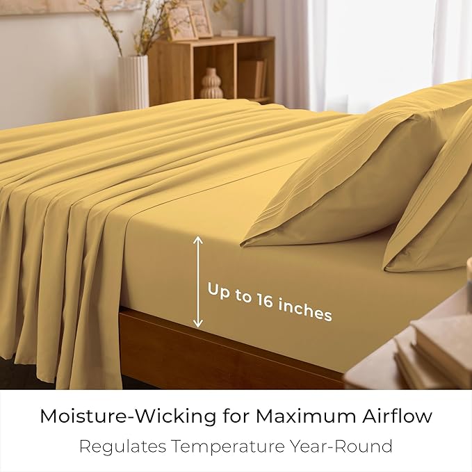 Mellanni King Sheet Set - 6-Piece Iconic Collection Bedding, (Including 4 Pillowcases), 16-Inch Deep Pocket, Easy Care, Extra Soft, Cooling Sheets, Brushed Microfiber - Yellow