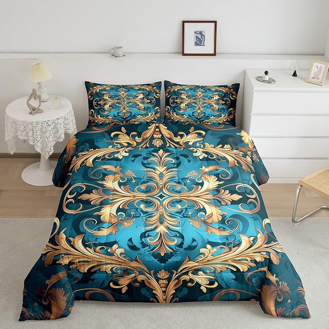 Erosebridal Hippie Damask Print Bedding Set Full Size, Flowers Vintage Fashion Comforter Set for Women Men Adults, Exotic Aztec Boho Paisley Duvet Insert, Fashion Victorian Baroque Quilt