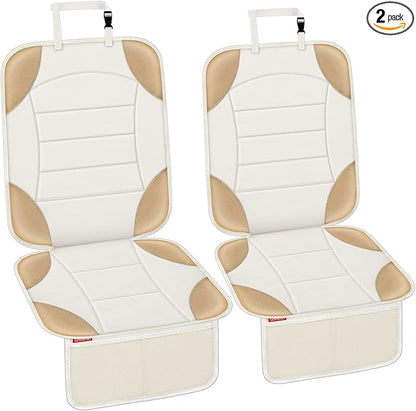 Sinvitron Car Seat Protector for Child Car Seat - Waterproof Non-Slip Leather Mat with 2 Mesh Pockets, Universal Seat Cover for Baby, Pets & Vehicles(2-Pack,Off-White)