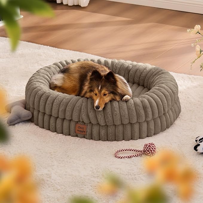 ChiXnuggle Dog Bed Medium Sized Dog - Luxury Striped Faux Fur Waterproof Dog Couch with Removable Washable Cover, Orthopedic Dog Bed with Bolster Sides for Sleeping, Taupe