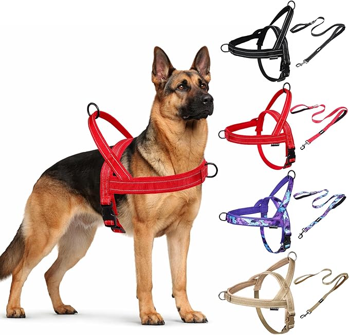 No Pull Dog Harness and Leash Set-Reflective Vest with Handle&5FT Dog Leash with Car Seatbelt Clip,Breathable Mesh&Quick Fit Dog Harness Easy for Medium Large Dogs Training Walking (Red,S)