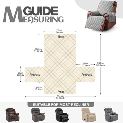 KinCam 100% Waterproof Recliner Chair Cover, Reclining Couch Covers for Pets, Dogs, Recliner Couch Slipcover Furniture Protector with Elastic Straps for Kids(30", Light Gray)