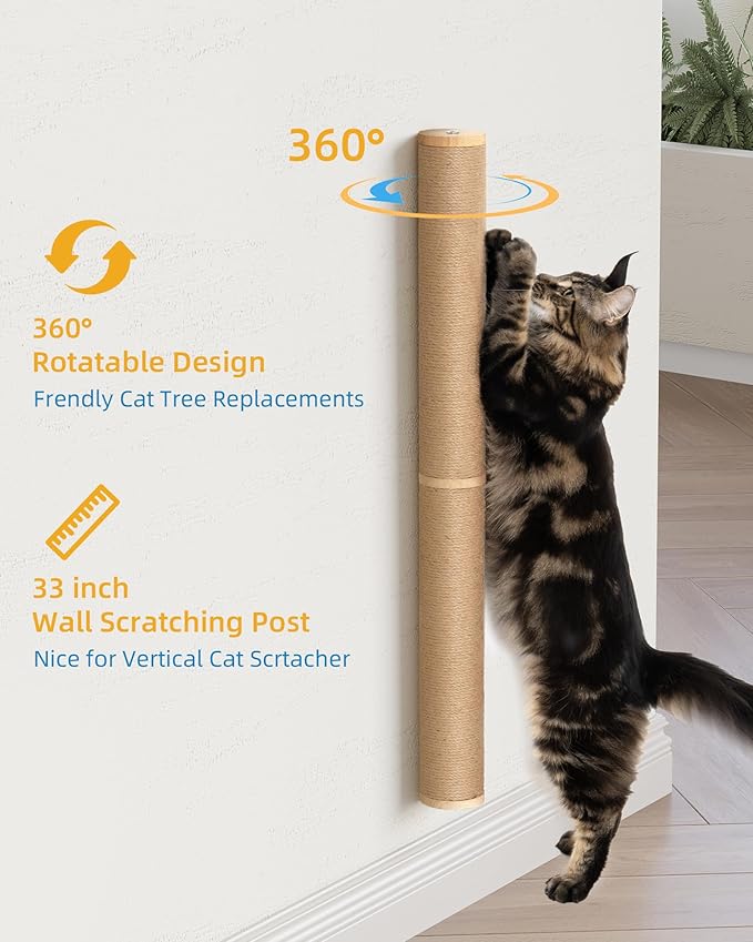 Aechonow 68" Wall Mounted Cat Scratcher, 2-Pcs of 34inch Tall Sisal Scratching Posts, Wall Mounted Cat Pole for Indoor Large Adult Cats Climb Stretch Play, Wooden