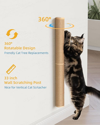 Aechonow 68" Wall Mounted Cat Scratcher, 2-Pcs of 34inch Tall Sisal Scratching Posts, Wall Mounted Cat Pole for Indoor Large Adult Cats Climb Stretch Play, Wooden
