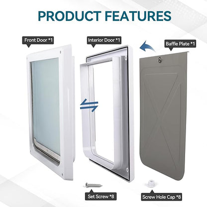 PAWISE 2 Way Dog Door, Lockable Doggy Door with Safe Metal Panel & Flexible Transparent Flap, Weatherproof & Easy Install Pet Door for Dogs and Cats, Quiet Design Dog Flap (9.8"x11.4")