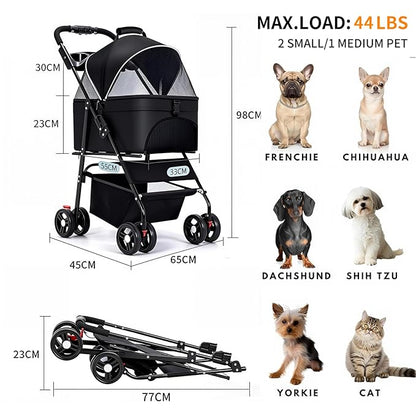 3-in-1 Pet Stroller for Small/Medium Dogs Cats,4 Wheels,Detachable Carrier Basket,Breathable Mesh,Storage Basket,Cup Holder,Weather Cover,Black