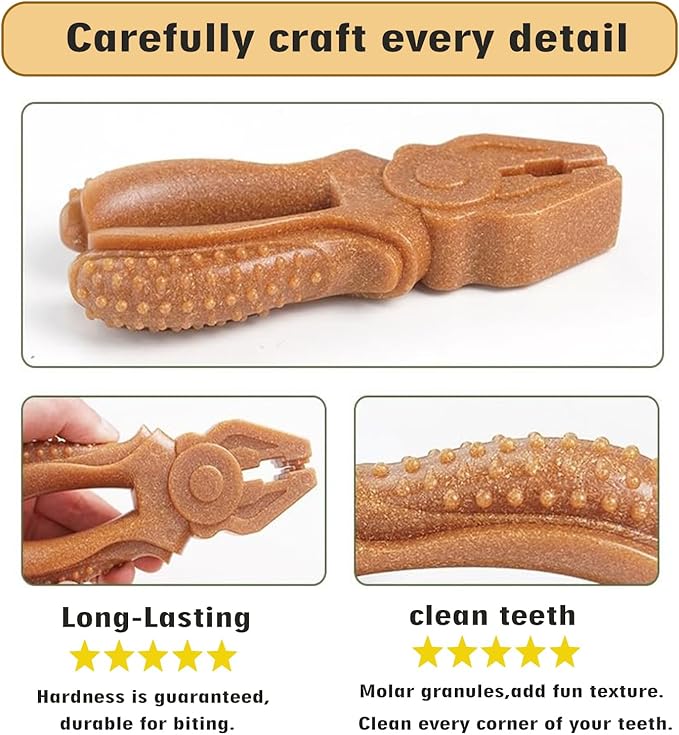 Dog Chew Toys for Aggressive Chewers, Medium & Large Dogs, Made of Real Pine Wood and Durable Food-Grade Nylon, with Tool Shape Design for Dental Cleaning and Long-Lasting Chewing (Brown-Pliers)
