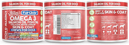 FurGlow Skin and Coat Supplement for Dogs Salmon Oil Omega 3 Fish Oil Turmeric Collagen Aloe Vera Flaxseed Oil Hyaluronic Acid Biotin Keratin Aloe Vera Allergy Relief Beef Flavor | Clean Nutra Pets