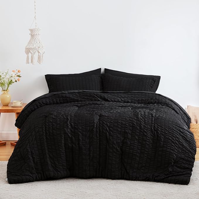 Love's cabin Seersucker Black Twin Comforter Set, 5-Piece All Season Lightweight Bed in a Bag Bedding Set with Comforter, Flat Sheet, Fitted Sheet, Pillowcase and Sham | Soft, Breathable, Lightweight
