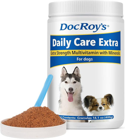 Doc Roy's Daily Care Extra Canine, Advanced Multivitamin Supplement for Dogs, Supports Energy, Immune, Muscle, Bone & Brain Health, Provides Vitamins A C D3 E B Complex, Iron Zinc, 400g Granules
