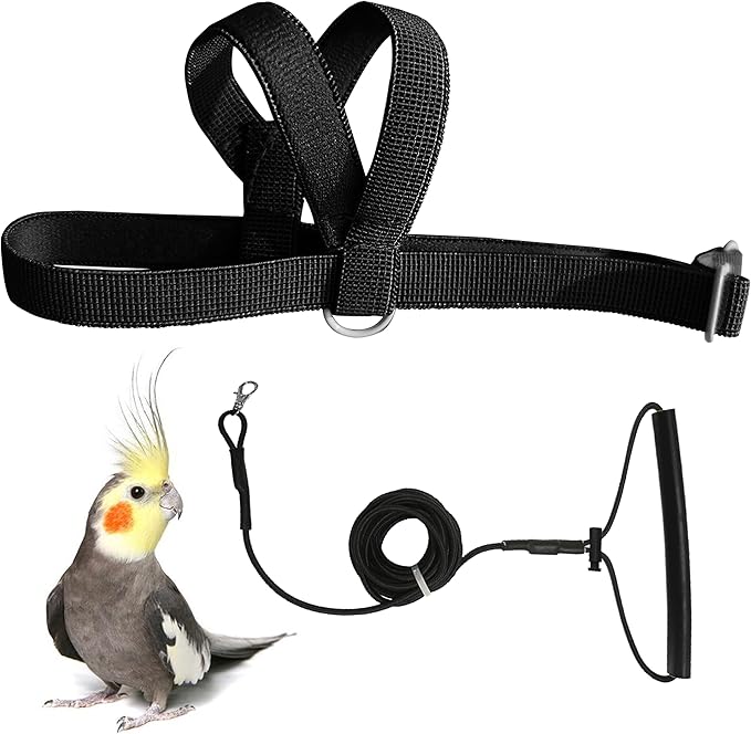 VANFAVORI Adjustable Bird Harness with 80 Inch Leash, Outdoor Flying Kit Training Rope for Bird Parrots Cockatiel S Size Weight 70-120 Grams,Black