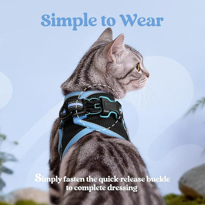 rabbitgoo Cat Harness and Leash Set for Walking Escape Proof, Adjustable Soft Kittens Vest with Reflective Strip for Cats, Comfortable Outdoor Vest, Black & Light Blue, L