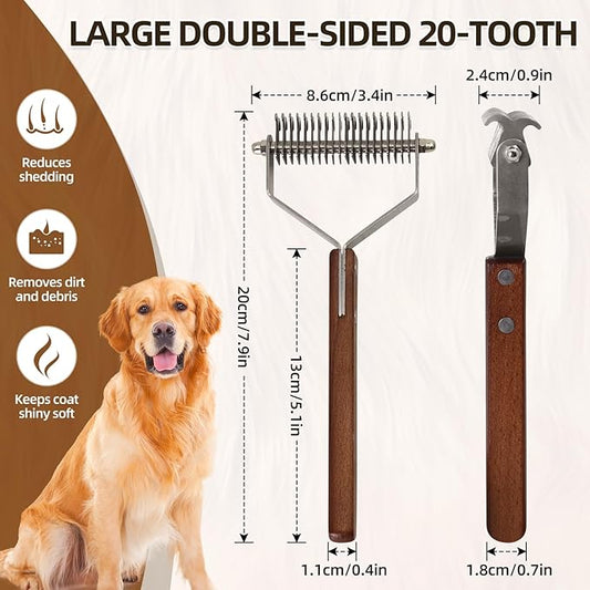 Large 2-Sided Undercoat Rake for Dogs and Cats，Professional Pet Grooming Shedding Tool Combs for Animals，Stainless Steel with Wooden Handle for Thick Coats (20-Blades)