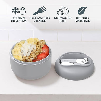 Bentgo Bowl - Insulated Leak-Resistant Bowl with Snack Compartment, Collapsible Utensils and Improved Easy-Grip Design for On-the-Go - Holds Soup, Rice, Cereal & More - BPA-Free, 21.2 oz (Gray)