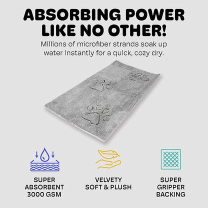Dog Gone Smart Dirty Dog Doormat - Fast Drying Plush Mat with Super Gripper Backing for Clean Floors - Super Absorbent and Machine Washable Mat for Muddy Paws - Silver Grey