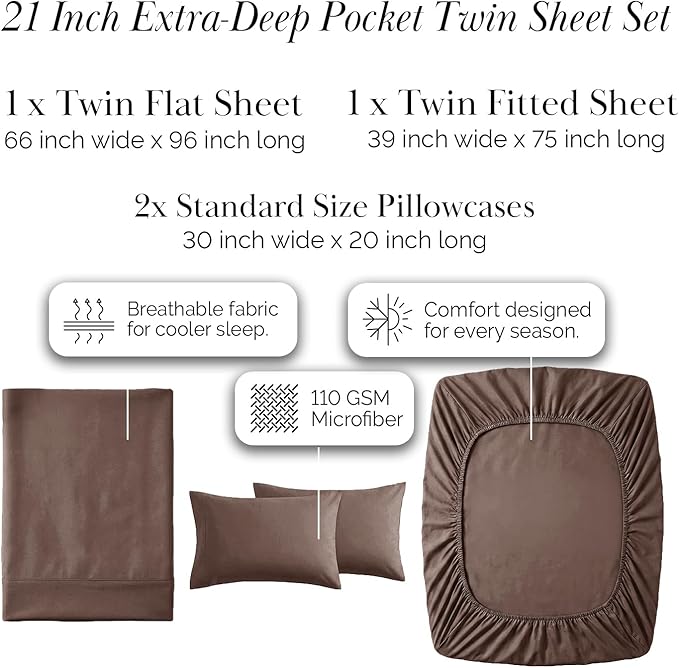 Southshore Fine Living, Inc. 4-Piece Twin Sheets Set, 21" Deep Pocket Twin Fitted Sheet, Oversized Flat Sheet, Microfiber Bedding, Chocolate Brown Pillow Cases Standard Size, Chocolate Brown Sheets
