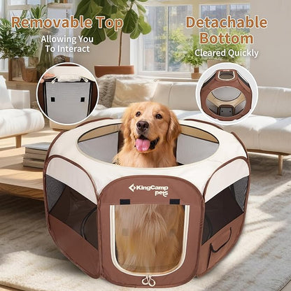 KingCamp Dog Playpen, Portable Foldable Cat Kitten Puppy Tent Crates 29"/36"/50" Pop Up Pet Playpen with Zippered Bottom & Cover for Indoor Outdoor Use (Medium, Khaki)