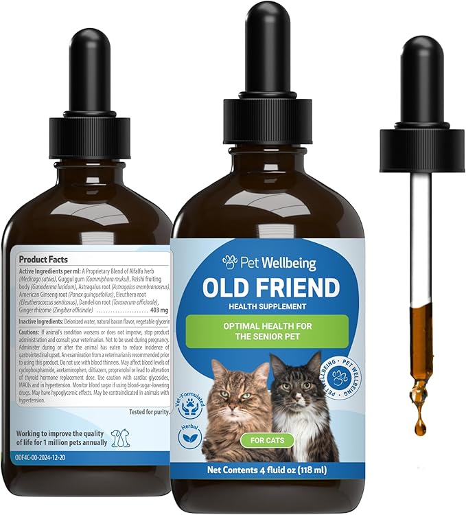 Pet Wellbeing Old Friend for Senior Cats - Supports Immune System Health, Joint Mobility, Healthy Energy Levels, Alfalfa, Reishi - Veterinarian-Formulated Herbal Supplement 4 oz (118 ml)