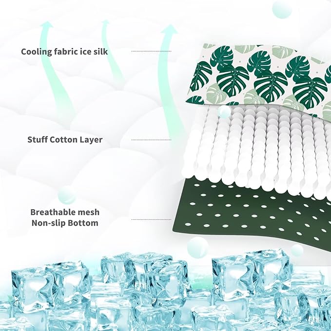 NWK Pack of 4 Pet Cooling Mat -Q-Max>0.345 Ice Silk Cooling Mat for Dogs & Cats Portable & Washable Pet Cooling Blanket, Car Seats, Beds for Summer (4pcs, Green Leaf, 27'' X 20'' X 0.3'')