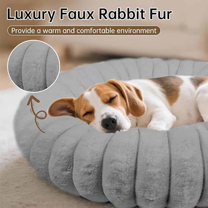 Donut Dog and Cat Bed, Luxurious Comfortable Faux Rabbit Fur Pet Beds, Soft Anti-Anxiety Calming Puppy Kitten Bed with Anti-Slip Bottom for Small Medium Dogs & Cats(23", Grey)