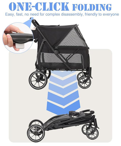 Large Dogs Stroller for Multiple Pets up to 100lbs, Ultra-Breathable Pet Stroller for Medium 2 Dogs，All-Terrain with& Mesh Dual-Window，1680D Waterproof Oxford Fiber (Black)